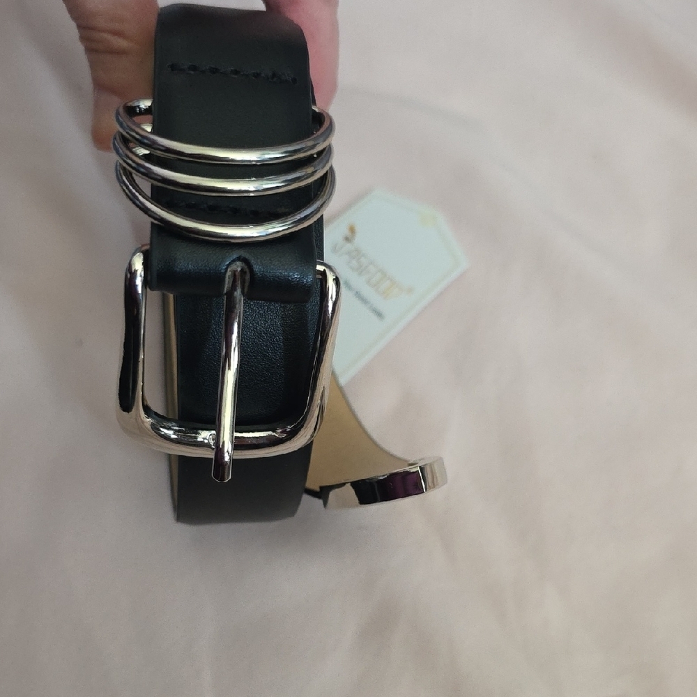 Women's Black Leather Belt with Silver Buckle By Jasgood, NWT - Picture 4 of 14
